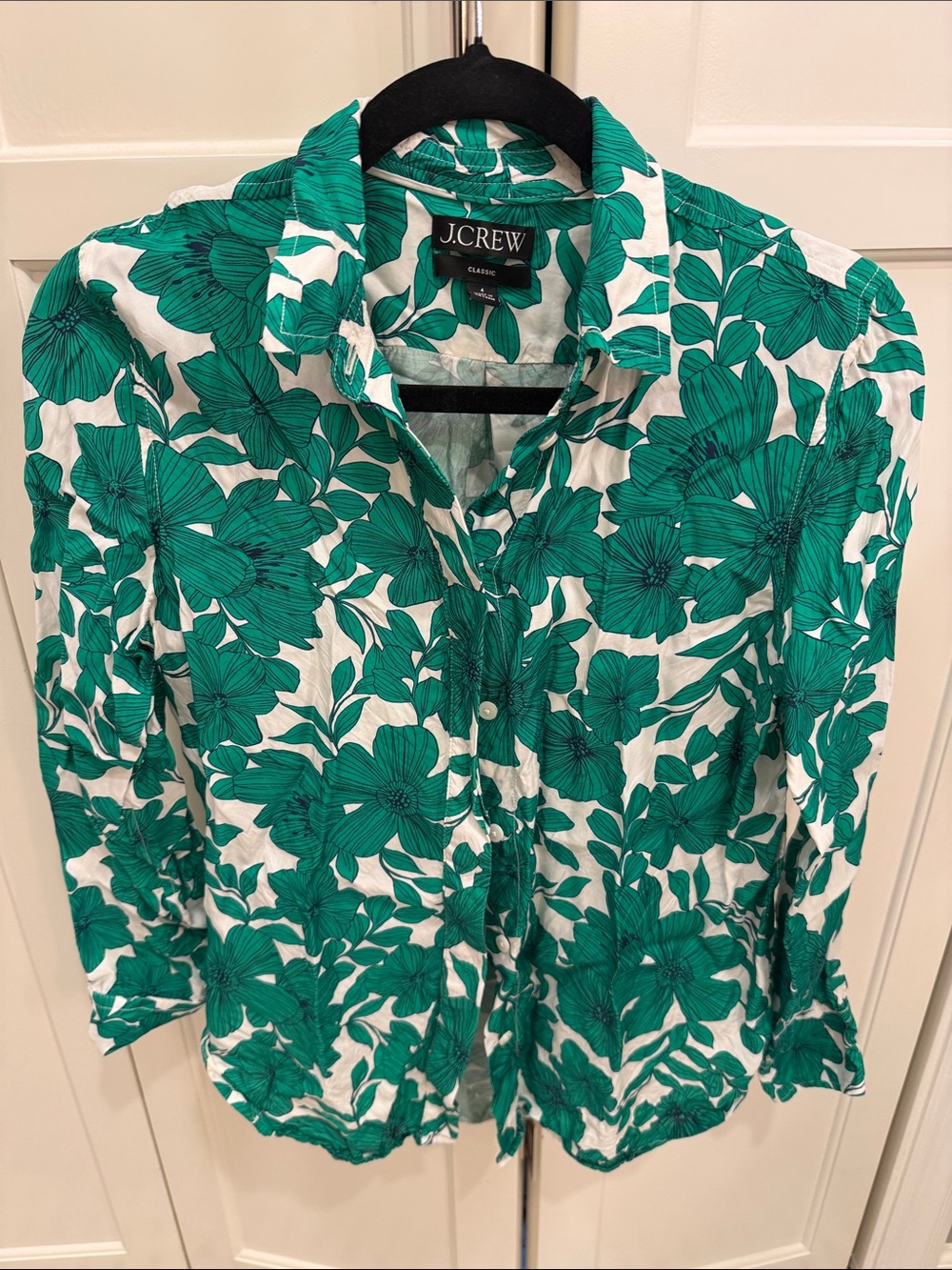 J. Crew White Button-Down Shirt with Green Floral Print